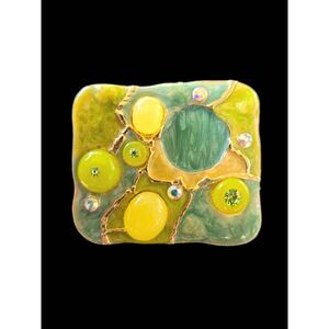 Ceramic And Rhinestone Green/Yellow/Gold Brooch/Pendant